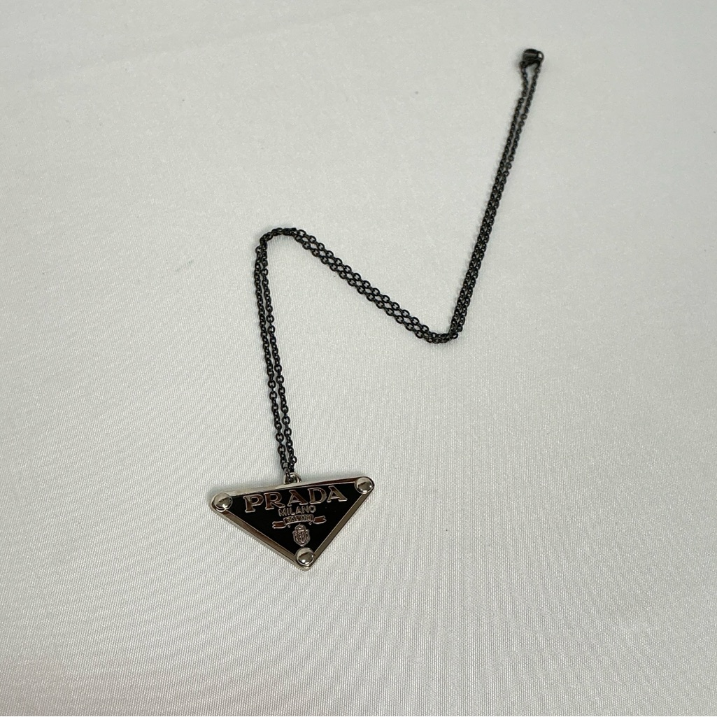 Prada Black And Silver Triangle Tag Pendant Necklace 155$